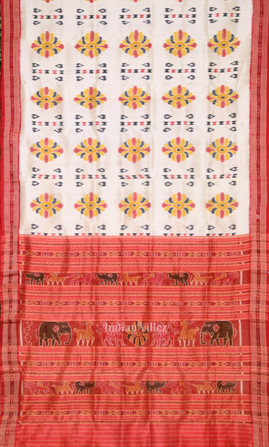 White Red  Baghambari  Odisha Ikat Khandua Silk Saree