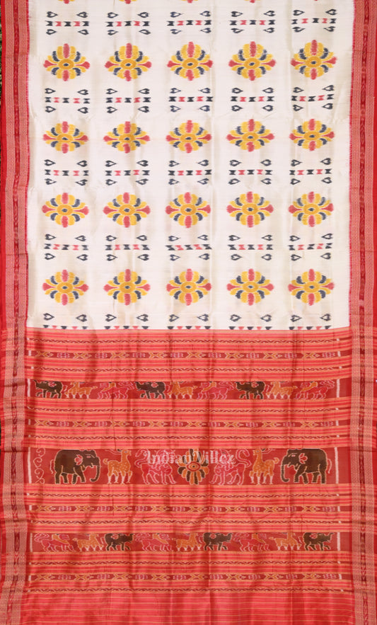 White Red  Baghambari  Odisha Ikat Khandua Silk Saree