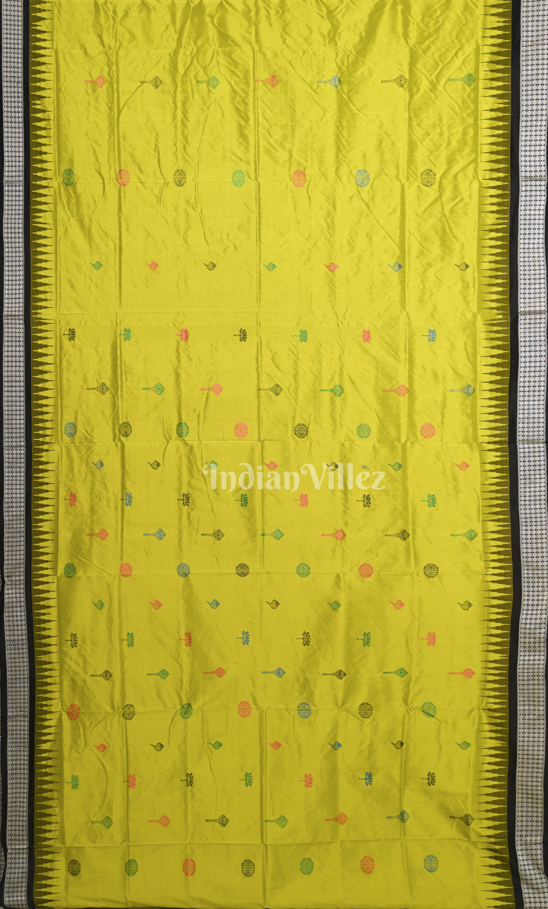 Parrot Green Black Odisha Ikat Bomkai Sambalpuri Silk Saree with Dasabatara Anchal