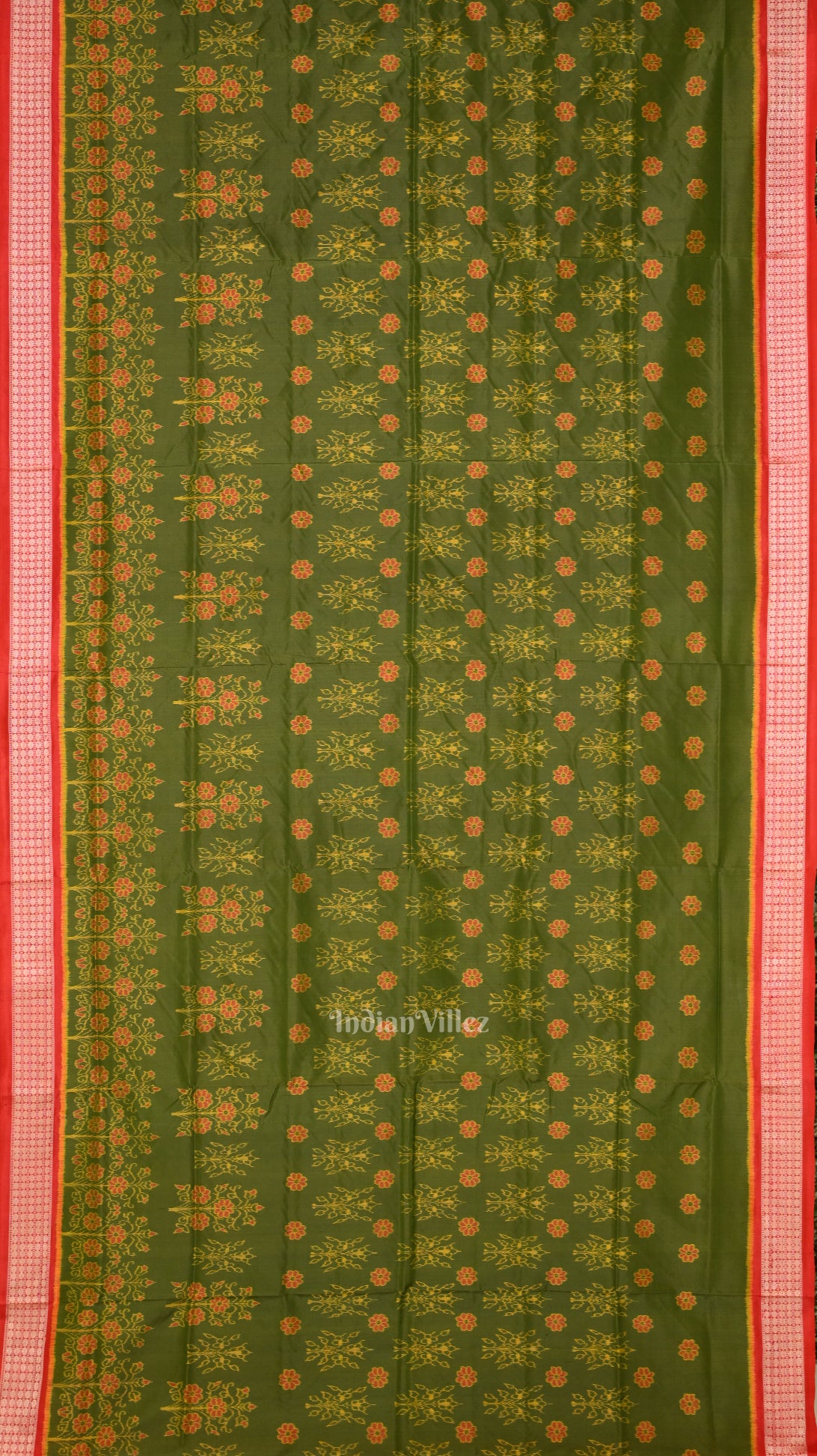 Mehendi Green Red Floral Motif Odisha Handloom Sambalpuri Silk Saree 