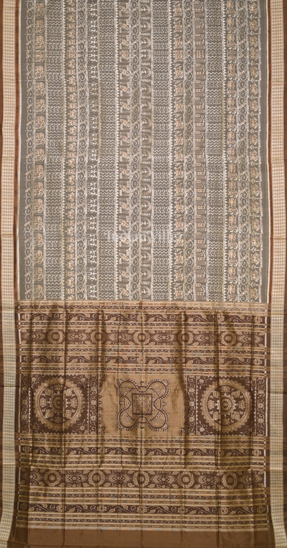 Grey Brown Tribal Lotus Motif Odisha Ikat Sambalpuri Silk Saree