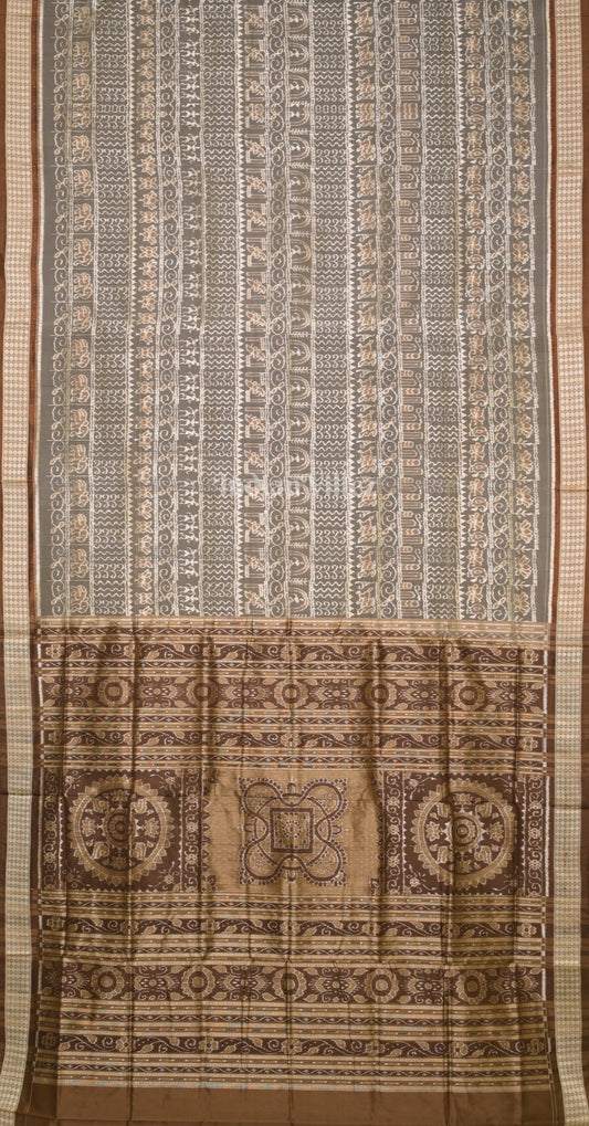 Grey Brown Tribal Lotus Motif Odisha Ikat Sambalpuri Silk Saree