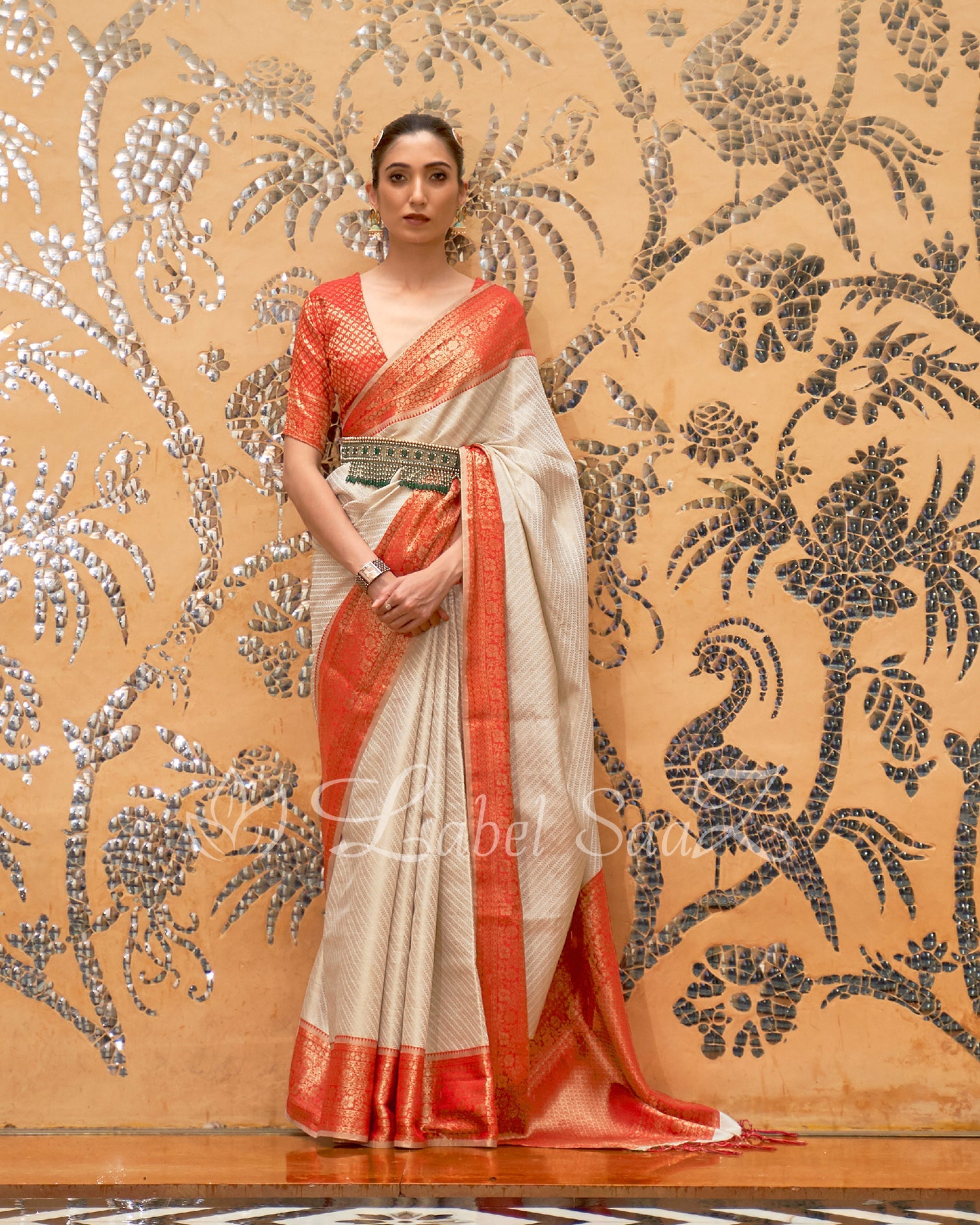 Off-White Red  Pure Tissue Kanjivaram Silk Saree