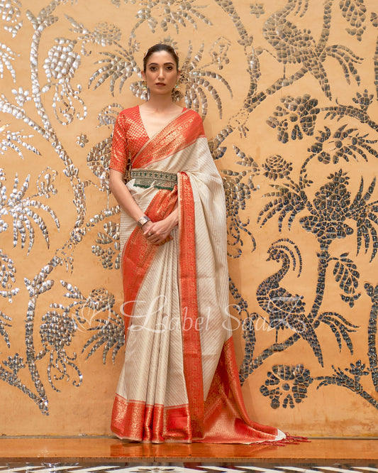 Off-White Red  Pure Tissue Kanjivaram Silk Saree