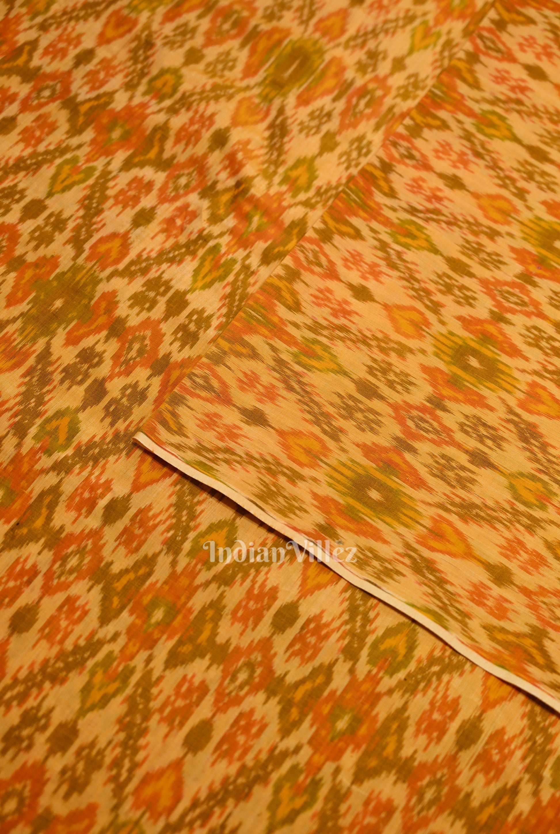 Mustard Yellow Dual Tone Pochampally Ikat Silk & Cotton (Sico) Fabric 