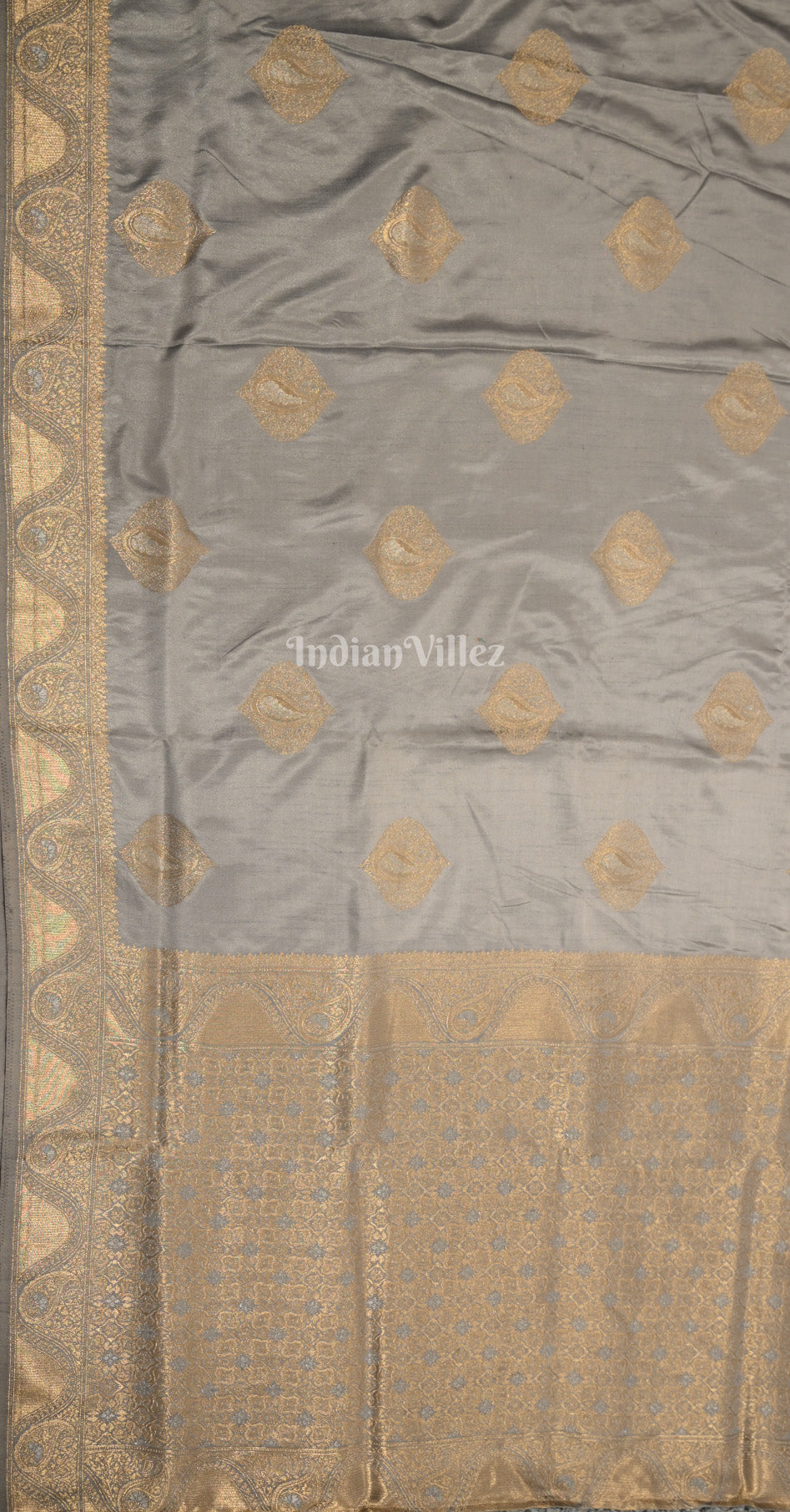 Grey Golden Nylon Pure Satin Silk Banarasi Saree