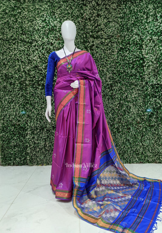 Soft Maroon With Blue Pure Bishnupuri  Silk Saree