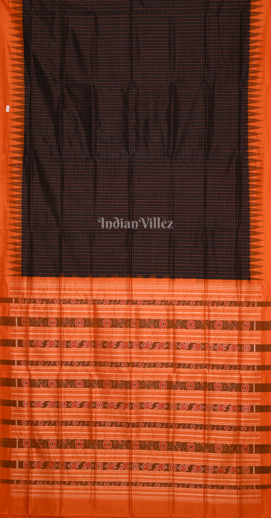 Red Orange Check Odisha Ikat Bomkai Sambalpuri Silk Saree