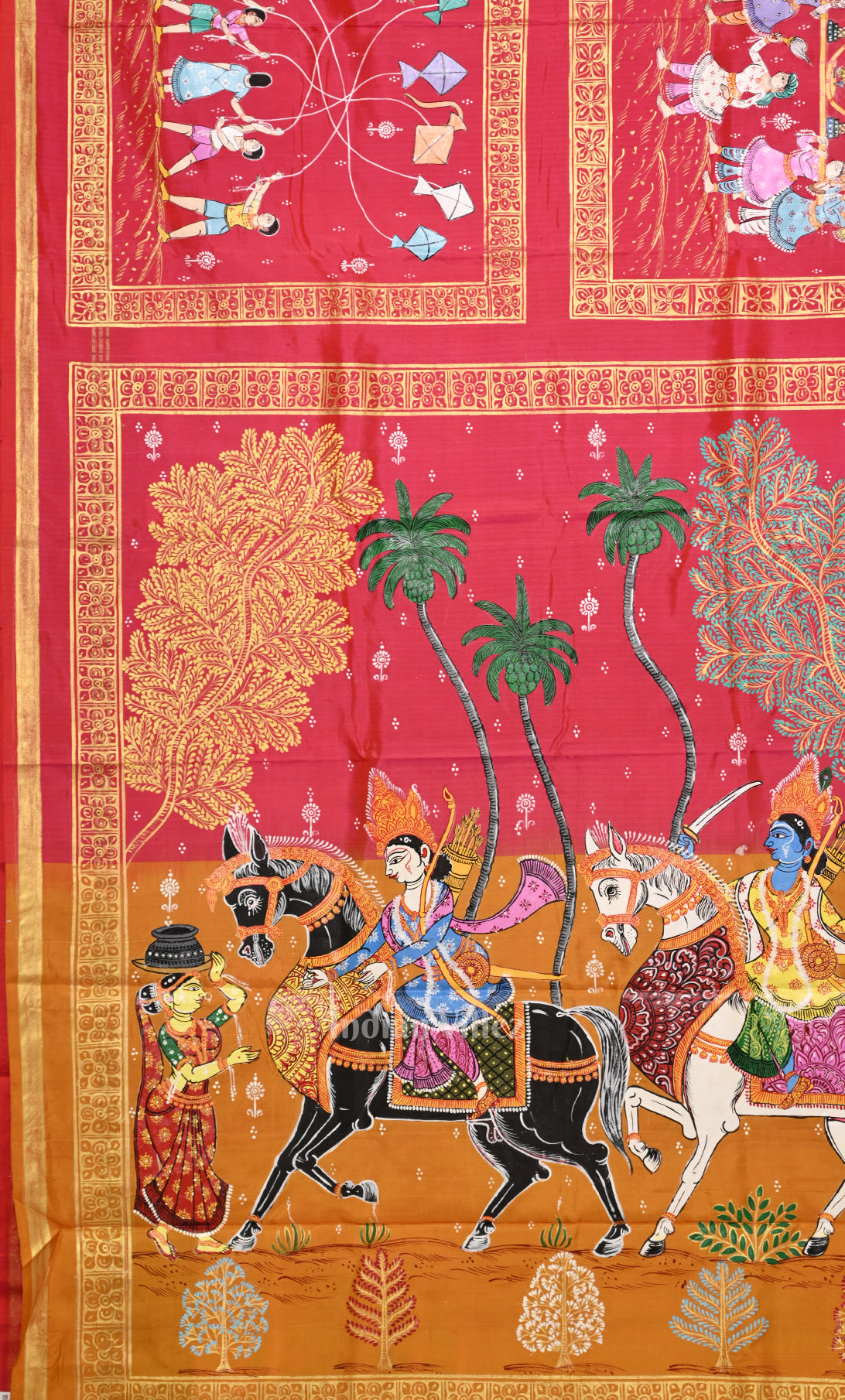 Red Yellow Hindu Festival Pure Hand-Painted  Pattachitra Saree