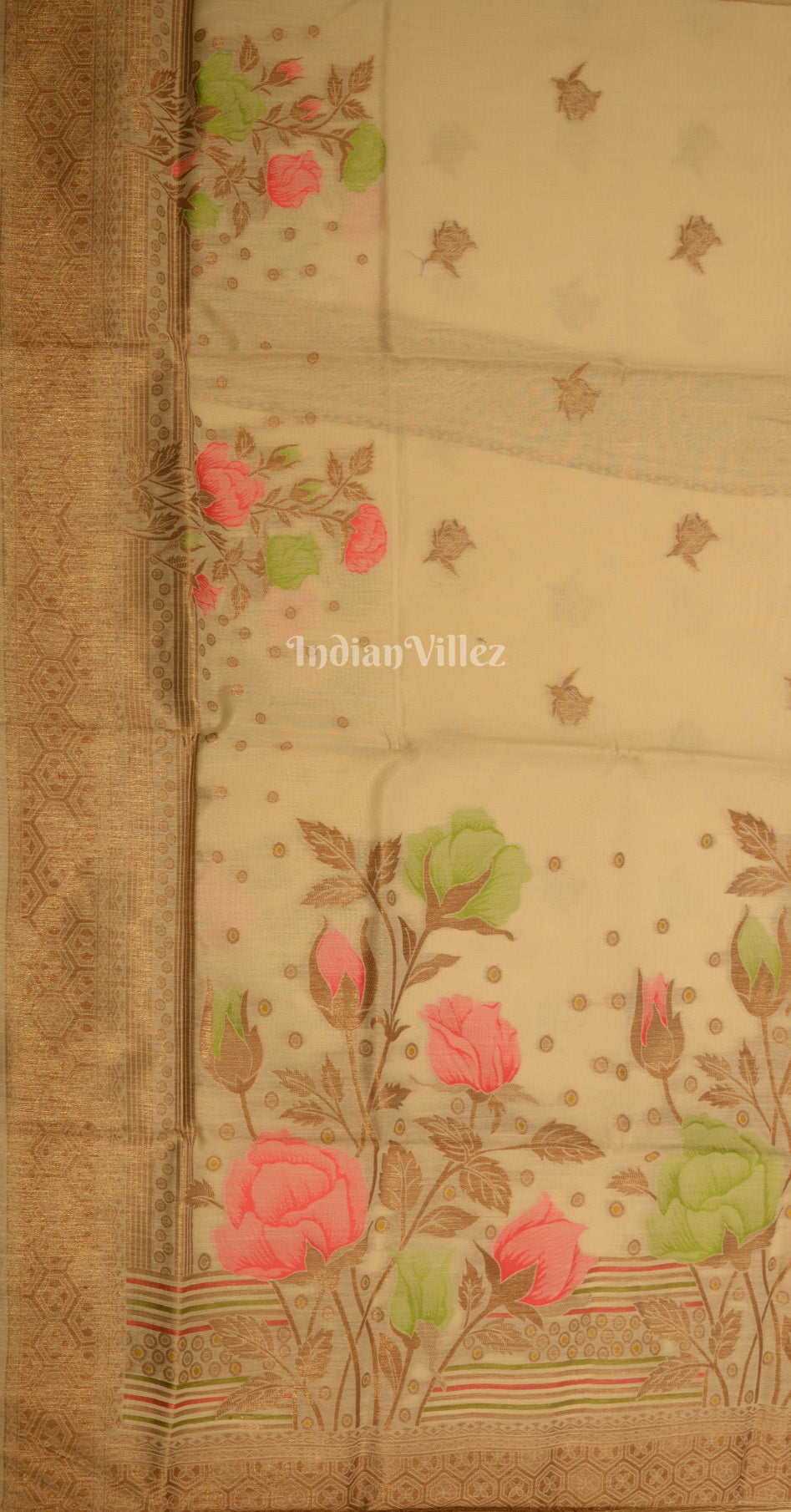 Beige with Multi Color Floral Linen Saree