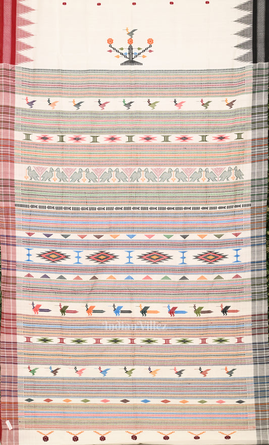 White Handwoven Original Ganjam Bomkai Cotton Saree
