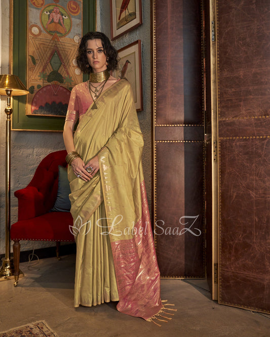 Yellow Tussar Silk Handloom Weaving Saree