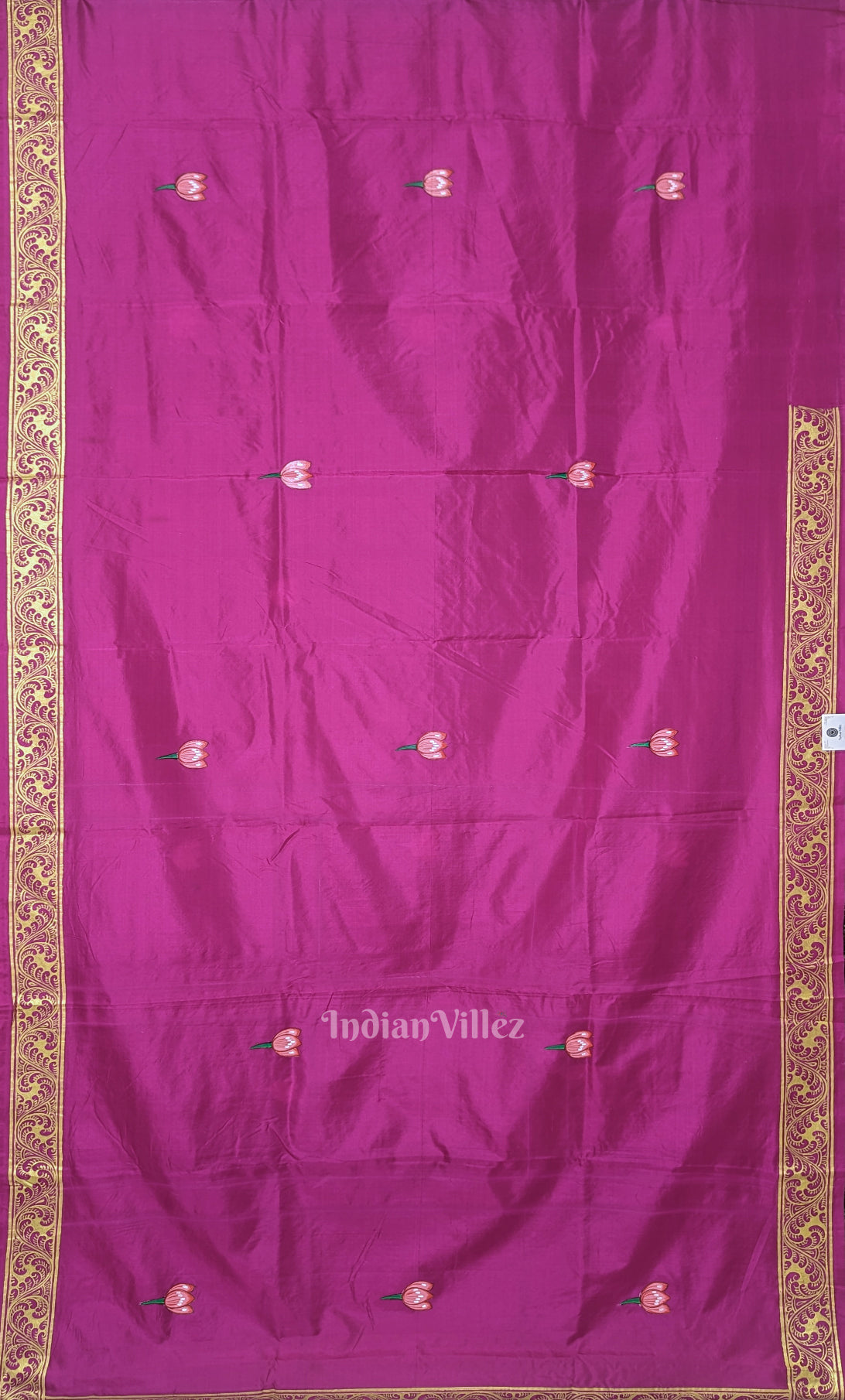 Magenta Pink Durga Puja Theme Hand-Painted Pattachitra Saree