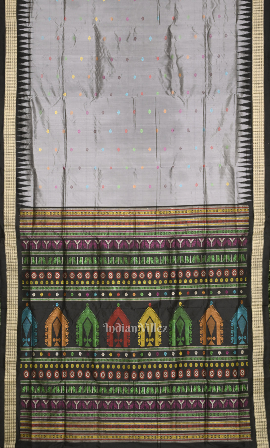 Grey Black Dolabedi Bomkai Sambalpuri Ikat Silk Saree 