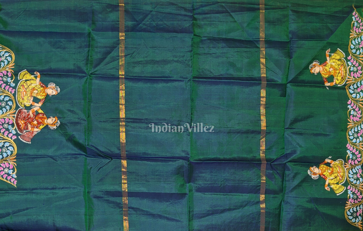 Peacock Green Blue Krishna Raas Village Theme Hand- Painted Pattachitra Saree