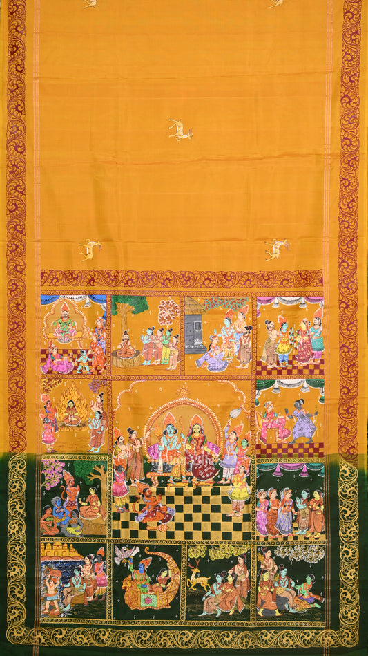 Yellow Green Ramayan Hand- Painted Pattachitra Saree 