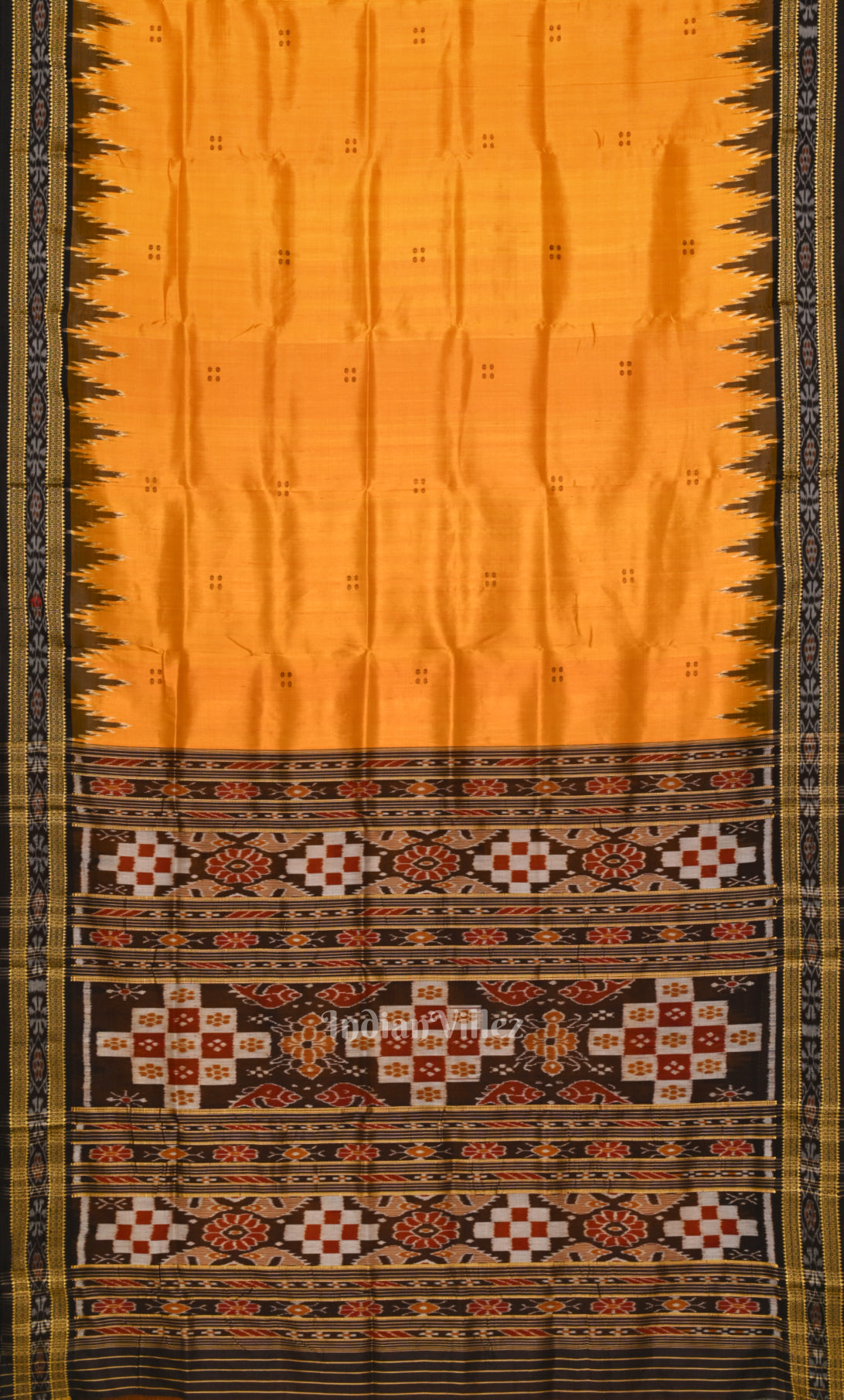 Mustard Yellow Black Border Pasapali Odisha Ikat Khandua Silk Saree