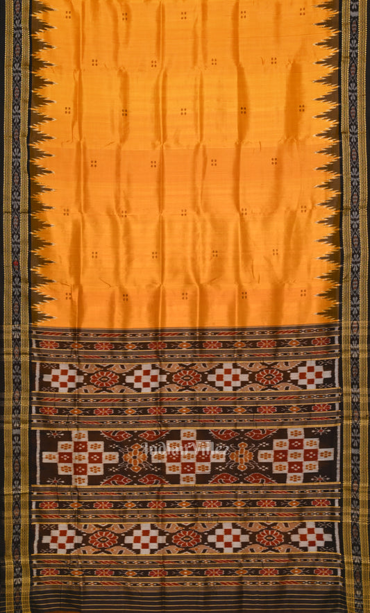 Mustard Yellow Black Border Pasapali Odisha Ikat Khandua Silk Saree
