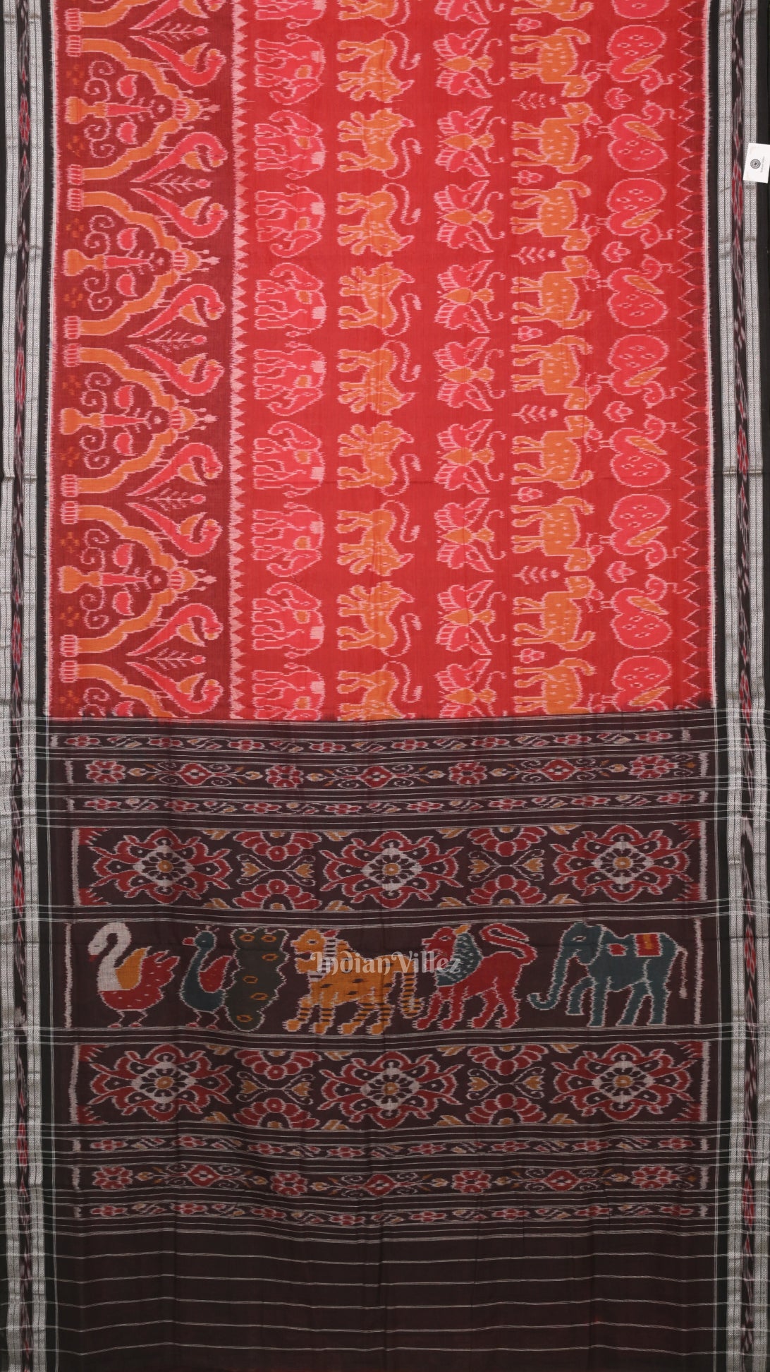 Red Black Jungle Theme Odisha Handloom Sambalpuri Ikat Cotton Saree