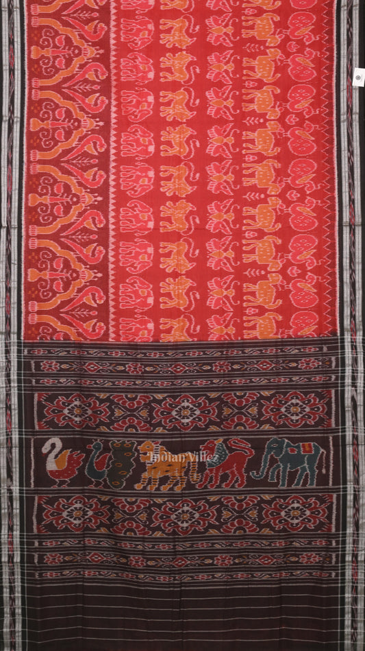 Red Black Jungle Theme Odisha Handloom Sambalpuri Ikat Cotton Saree