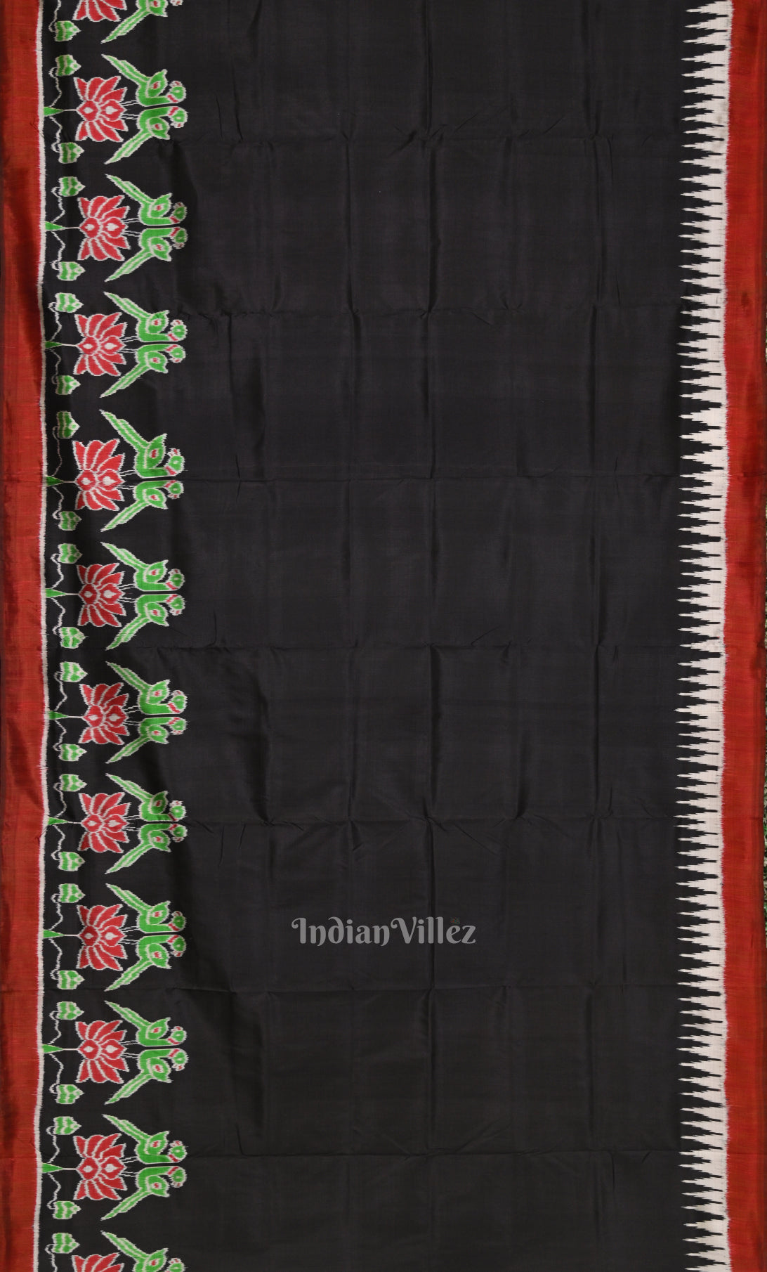 Black  Red Lotus Parrot Border Odisha Ikat Contemporary Designer Saree 