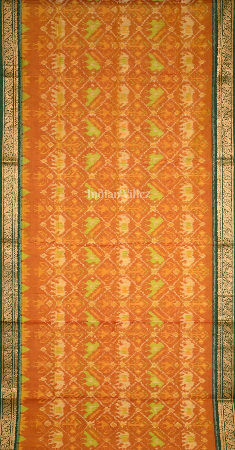 Mustard Yellow & Green Pochampally Ikat Silk Cotton (Sico) Saree