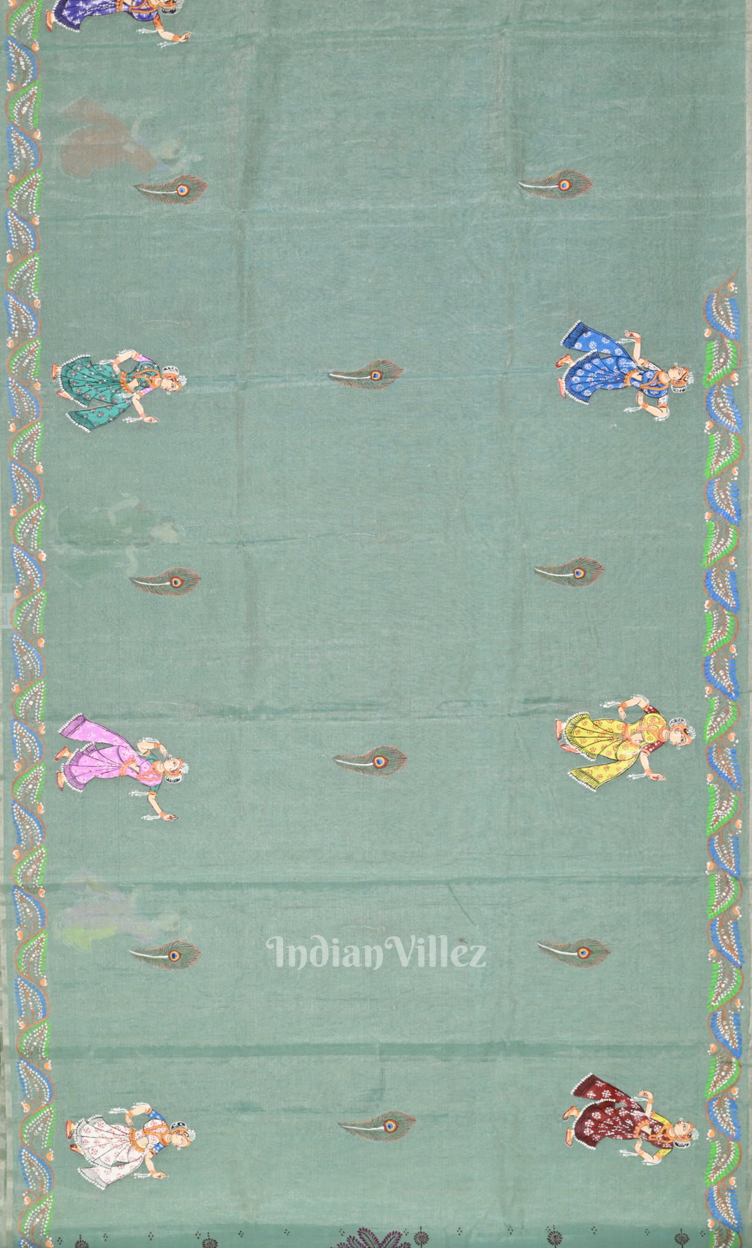 Light Blue Krishna Rasa Leela Hand-Painted Pattachitra Saree 