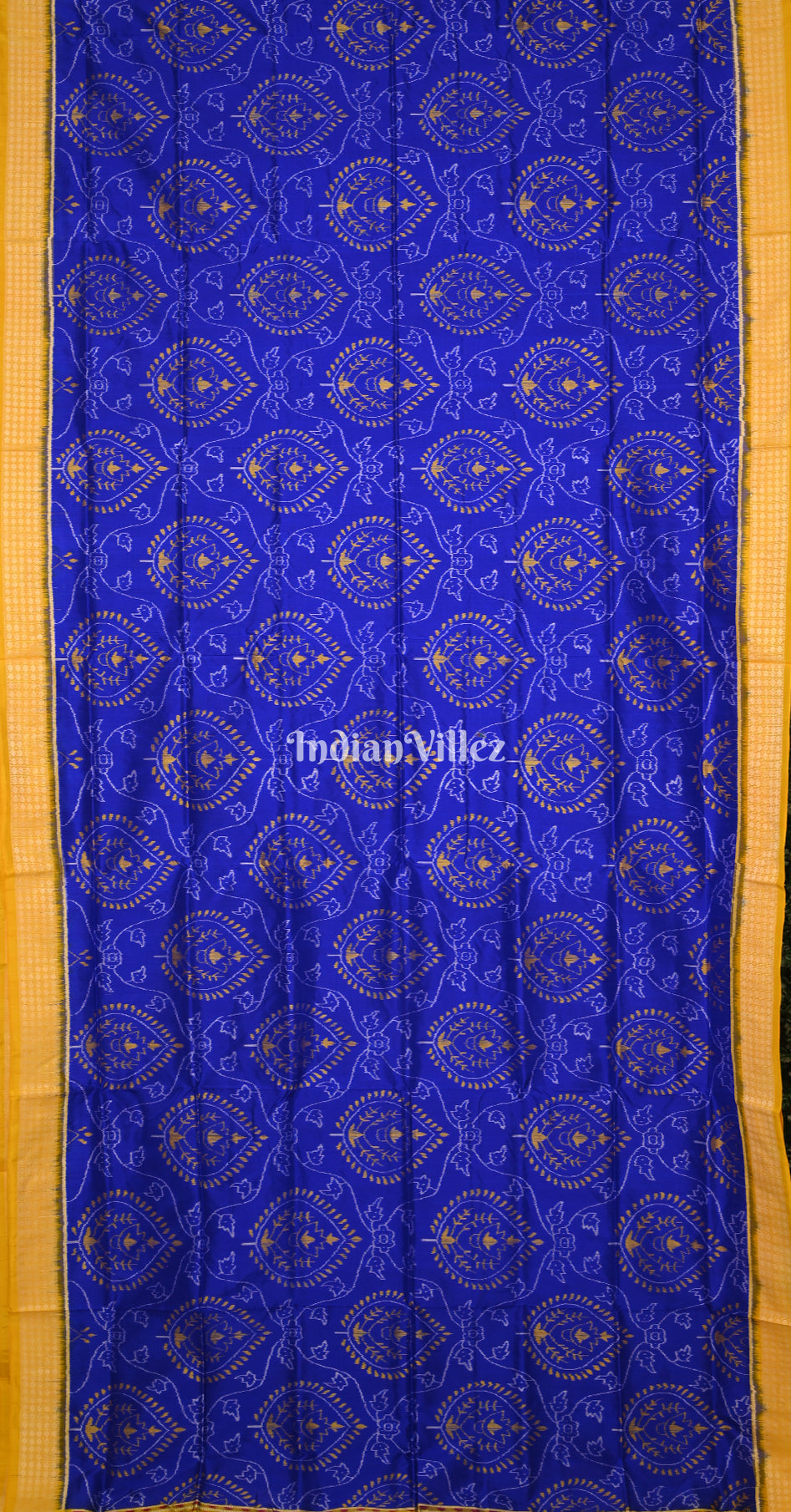 Blue Mustard Yellow Leaf Design Odisha Ikat Sambalpuri Silk Saree 