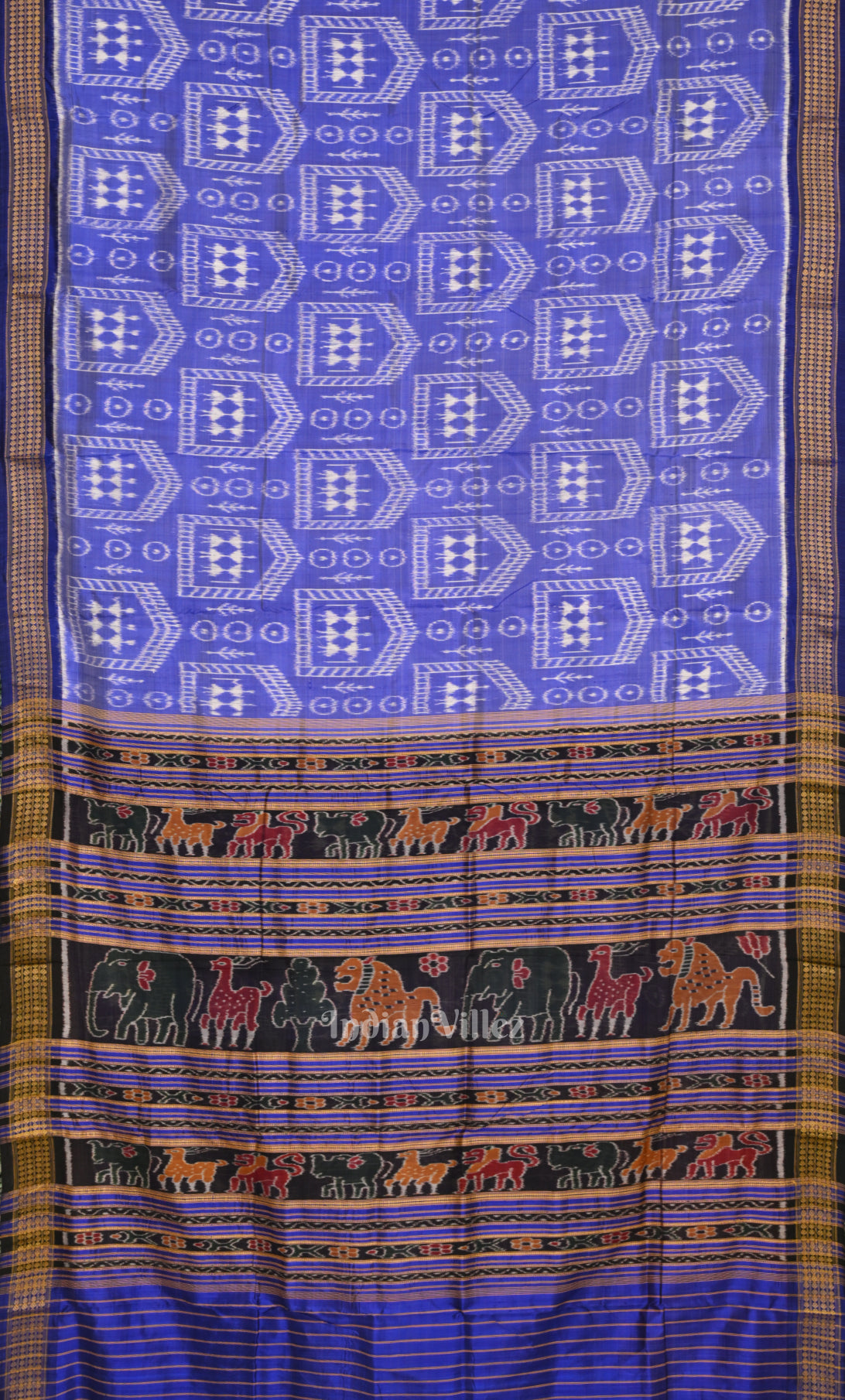 Blue White Tribal Theme Odisha Ikat Khandua Silk Saree