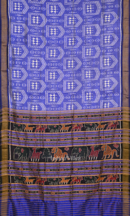 Blue White Tribal Theme Odisha Ikat Khandua Silk Saree