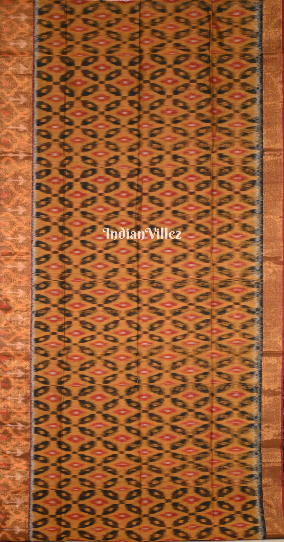 Rust Orange Black Pochampally Ikat Silk Cotton (Sico) Saree 