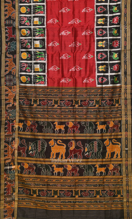 Red Black Sankha Motif Odisha Ikat Khandua Silk Saree