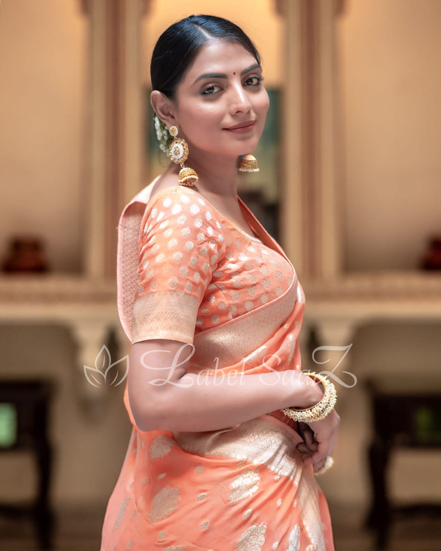 Peach Handwoven Georgette Banarasi Saree