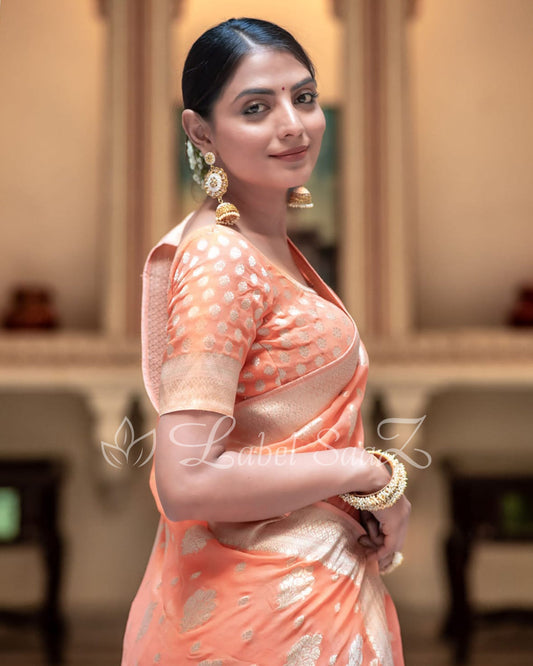 Peach Handwoven Georgette Banarasi Saree