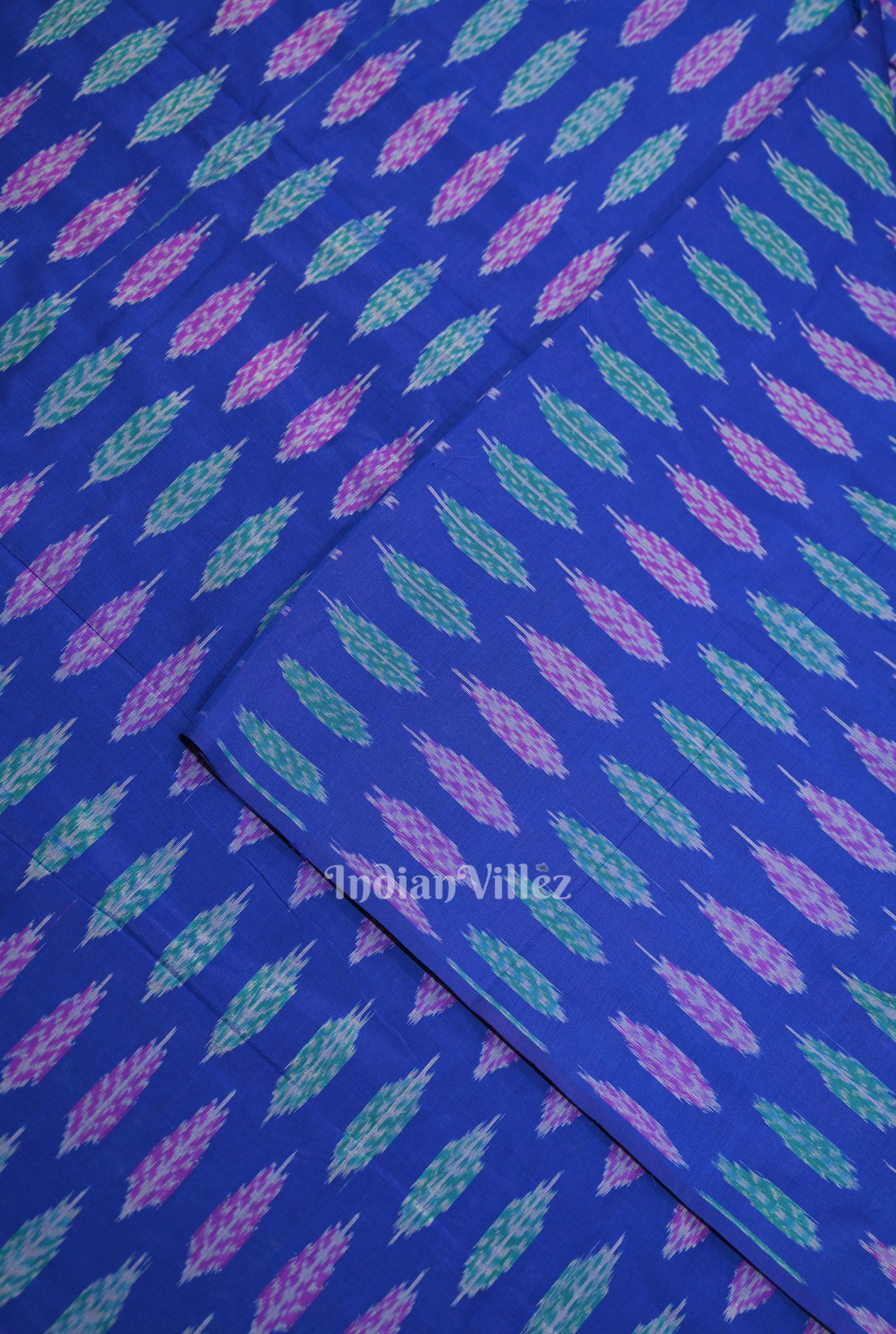 Blue Leaf Motif Pochampally Ikat Silk & Cotton (Sico) Fabric