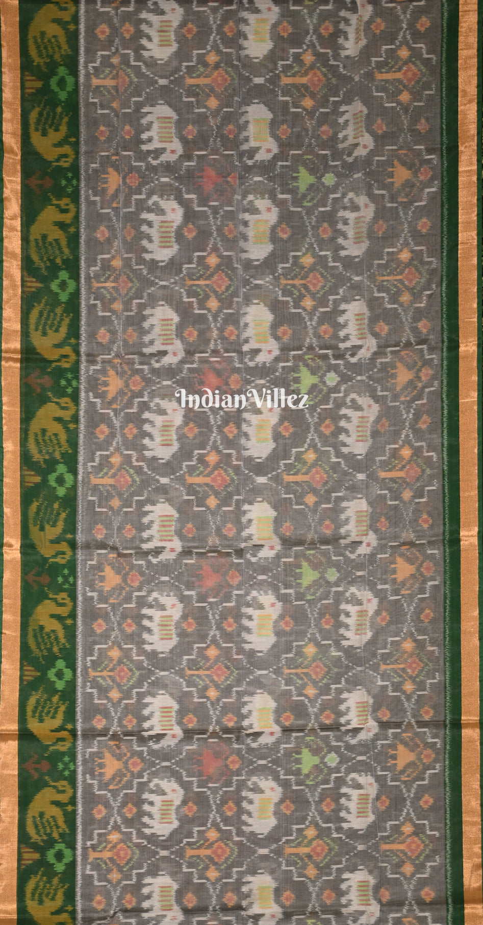 Grey Green Animal  Pochampally Ikat Silk Cotton (Sico) Saree 