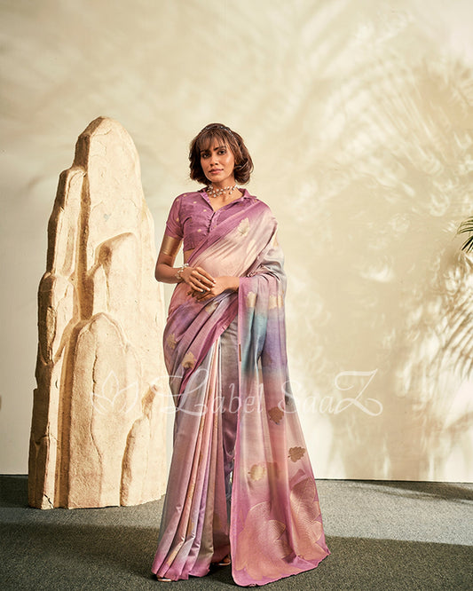 Beige Shaded Floral Linen Saree with Zari work