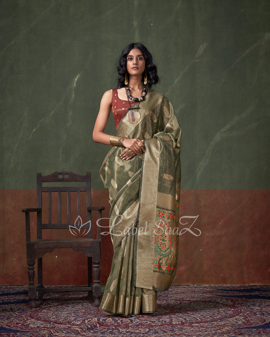 Mehendi Green Paithani  Zari Tissue Silk Saree