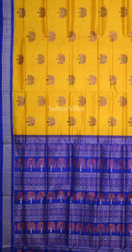 Yellow Blue Banyan Tree Motif Odisha Ikat Sambalpuri Silk Saree