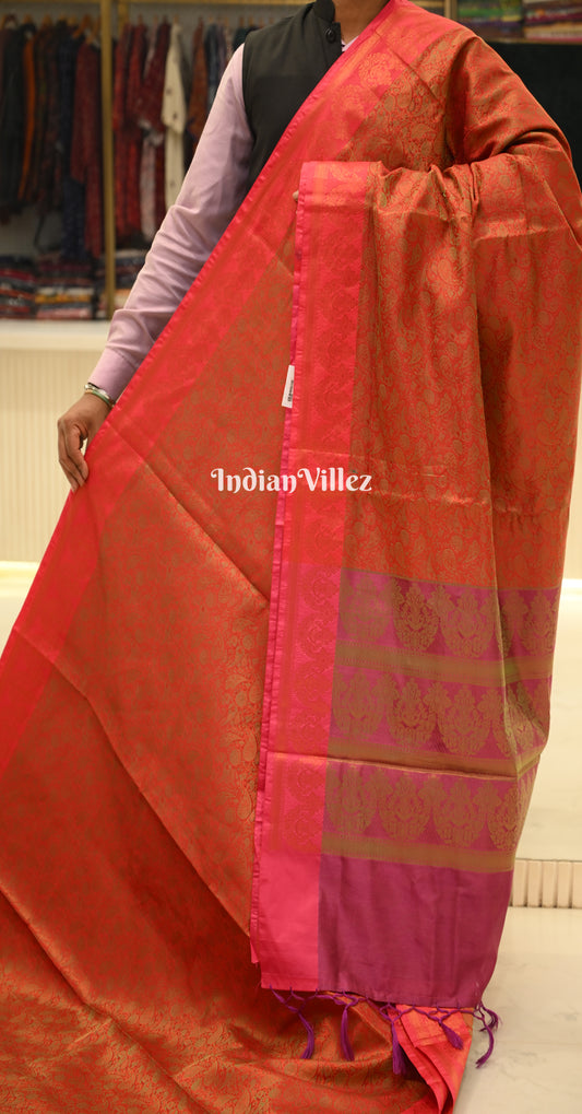 Red Magenta Pink Floral Design Kanjivaram Silk Saree with Brocade Work
