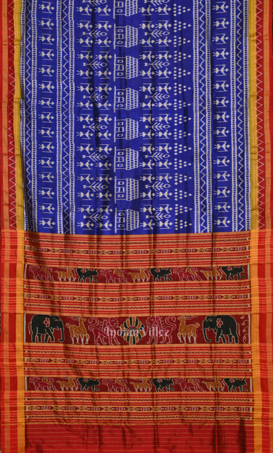 Blue Red Tribal Theme Odisha Ikat Khandua Silk Saree