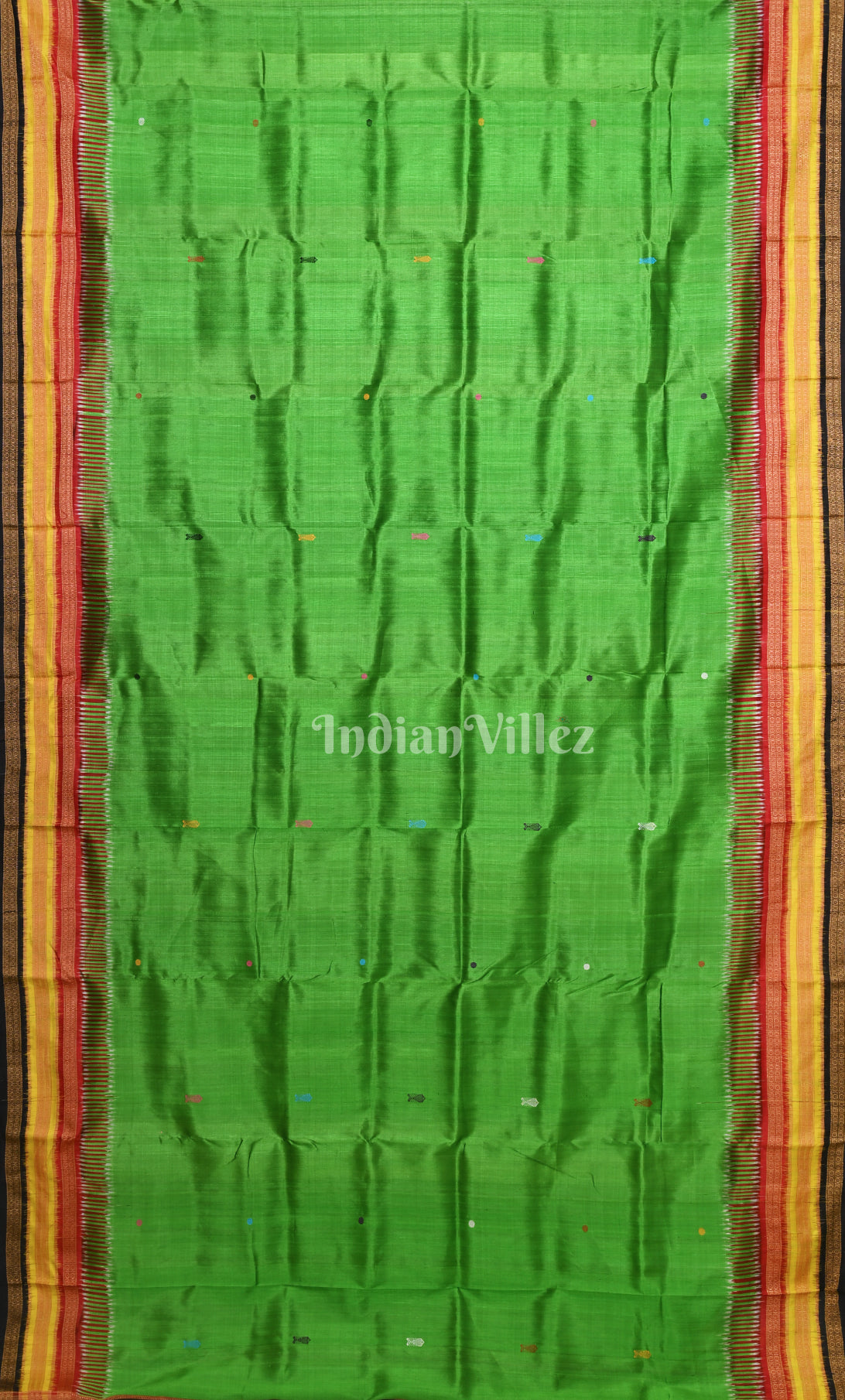 Green Black Fish Motif Kathiphera Odisha Ikat Khandua Silk Saree 