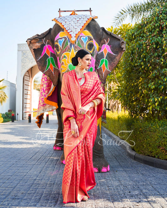 Chery Red Royal Jacquard Tissue Banarasi Self Weaving with all over body work