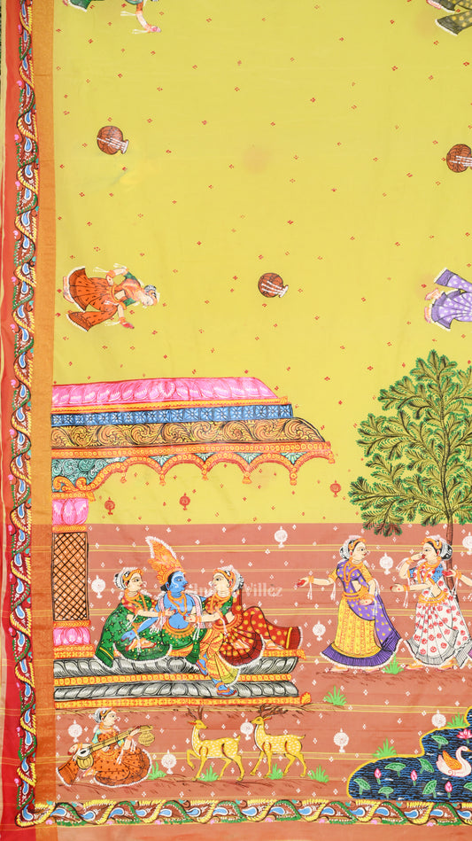 Lemon Yellow Red Radha Krishna Raasleela Hand-Painted Pattachitra Saree 