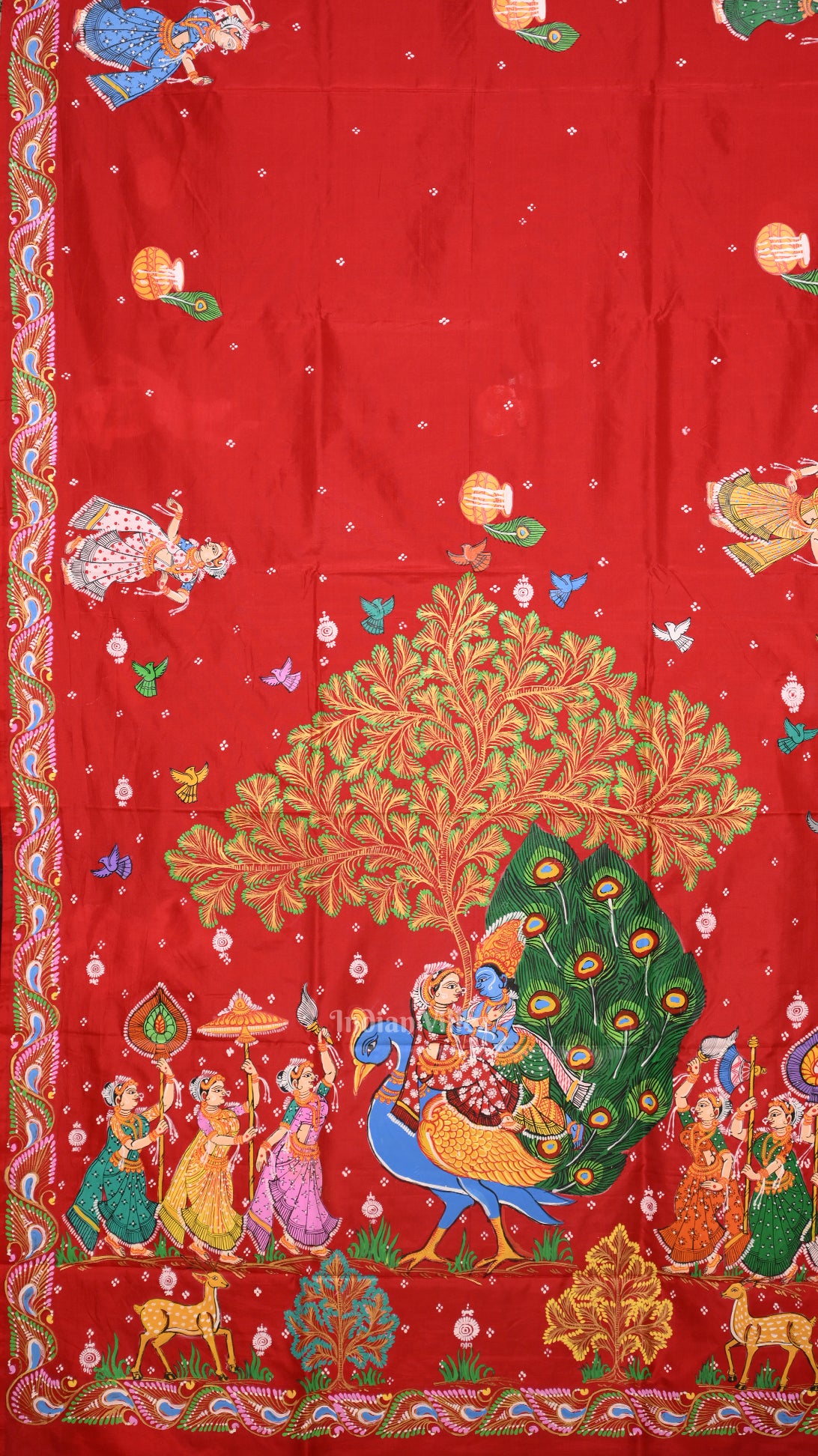 Red  with Coffee Rasaleela Theme Hand-Painted Pattachitra Saree