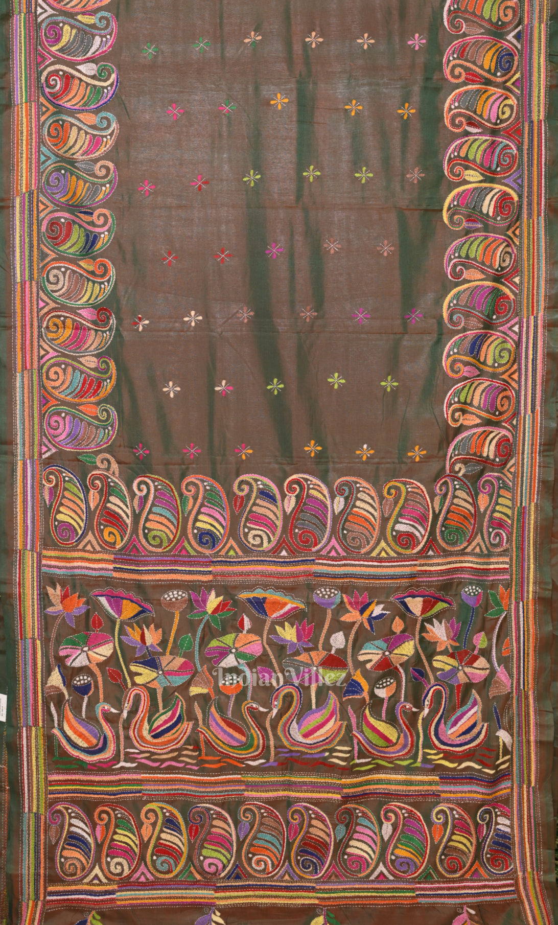Olive Green Dual Tone Handwoven Kantha Stitch Silk Saree 