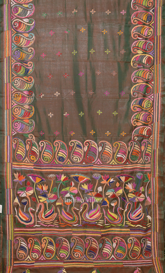 Olive Green Dual Tone Handwoven Kantha Stitch Silk Saree 