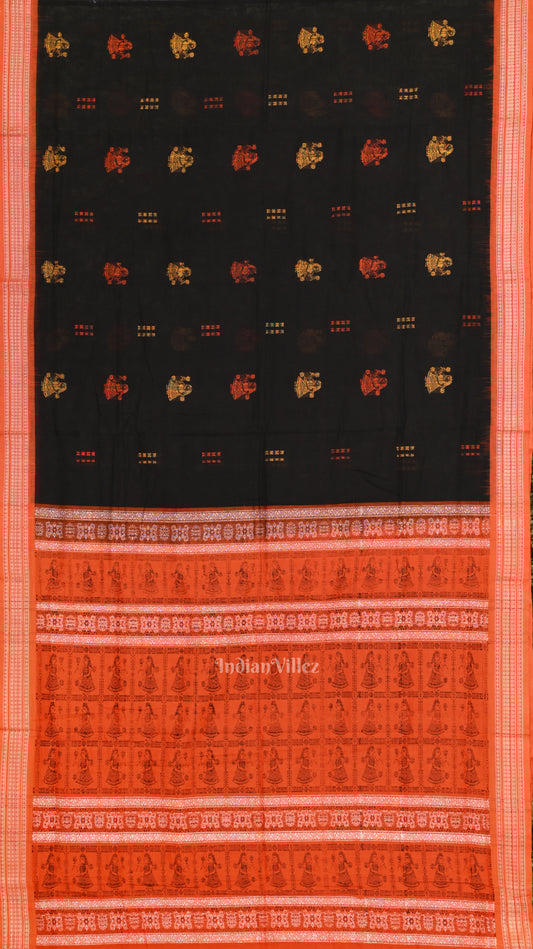 Black  Orange Odisha Handloom Doll Theme Bomkai Cotton Saree