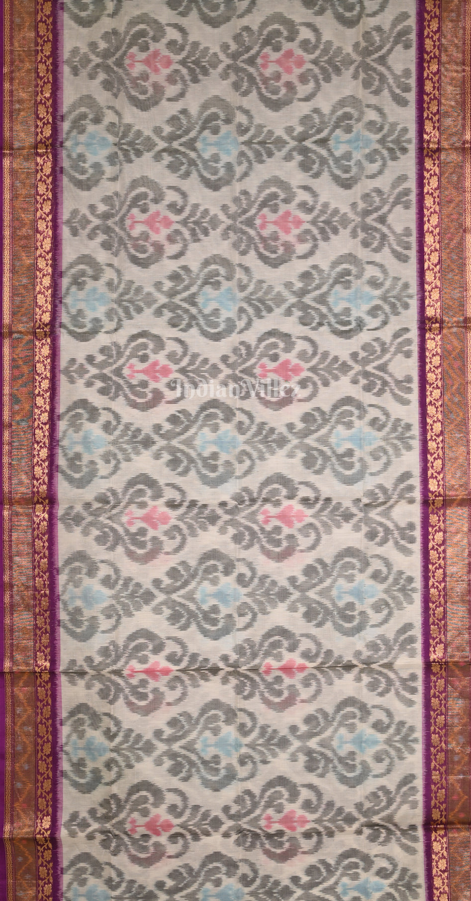 Off White Purple Pochampally Ikat Silk Cotton (Sico) Saree 