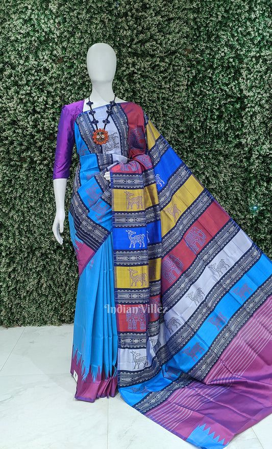 Sky Blue Fish Motif Double Pallu Berhampuri Silk Saree